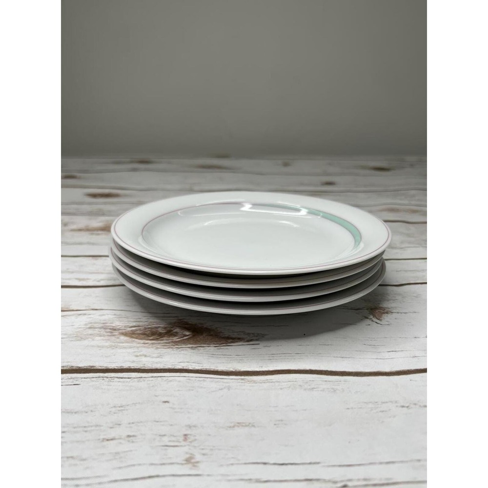 Arzberg Salad Plates White Mint Green Pink Stripe Germany Set of 4 7.5in